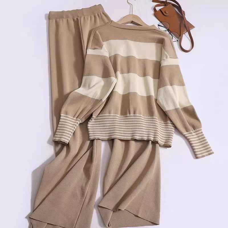 Korean Style Striped Cardigan Pants Suit - Youthful V-neck Knitted Two-Piece Fashion Set