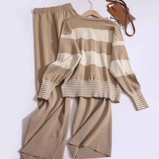 Korean Style Striped Cardigan Pants Suit - Youthful V-neck Knitted Two-Piece Fashion Set