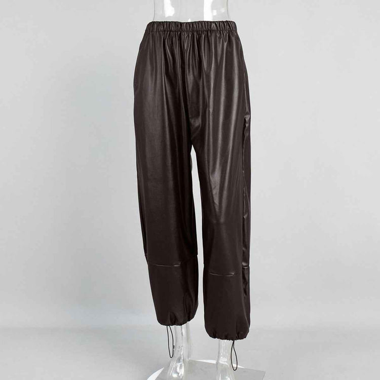 Leather Ankle-Tied Bloomers Loose PU Leather Pants Trousers