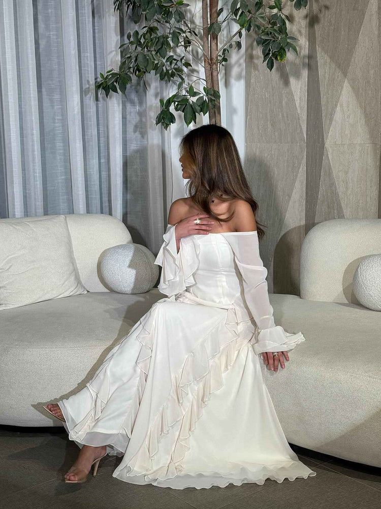 Off-the-shoulder Ruffled Long-sleeved Maxi Dress