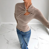 Soft Asymmetric Draped Long Sleeve T-shirt with Hollow-out Metal Button Detail - Florence Luxe