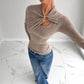 Soft Asymmetric Draped Long Sleeve T-shirt with Hollow-out Metal Button Detail - Florence Luxe