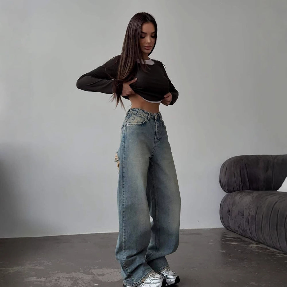 Retro Ripped High Waist Jeans with Mop Back Design - Embrace Vintage Style - Florence Luxe