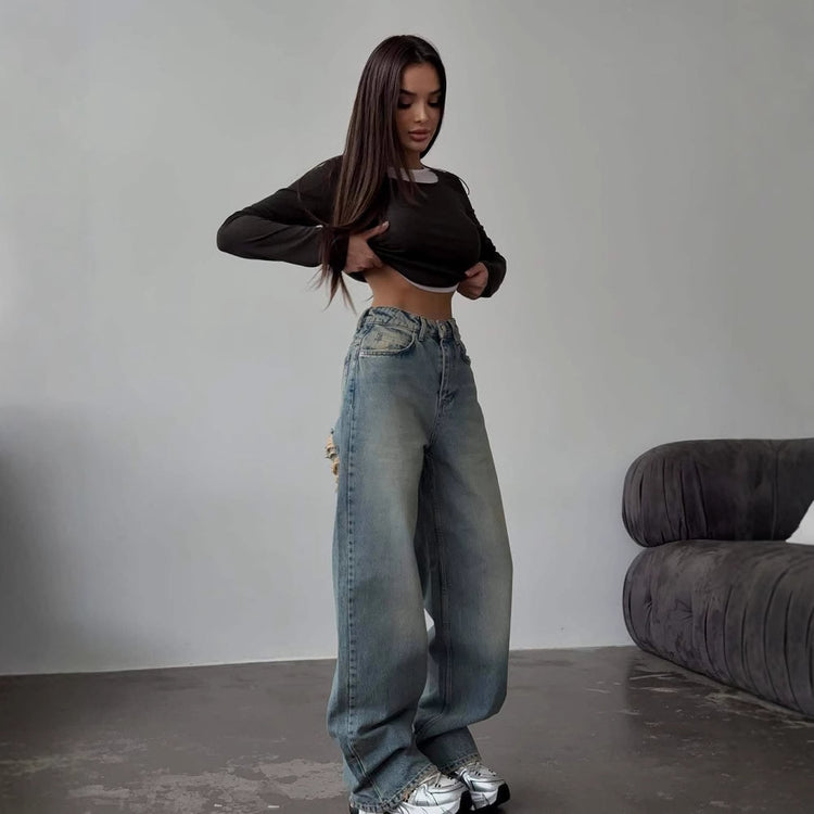 Retro Ripped High Waist Jeans with Mop Back Design - Embrace Vintage Style - Florence Luxe