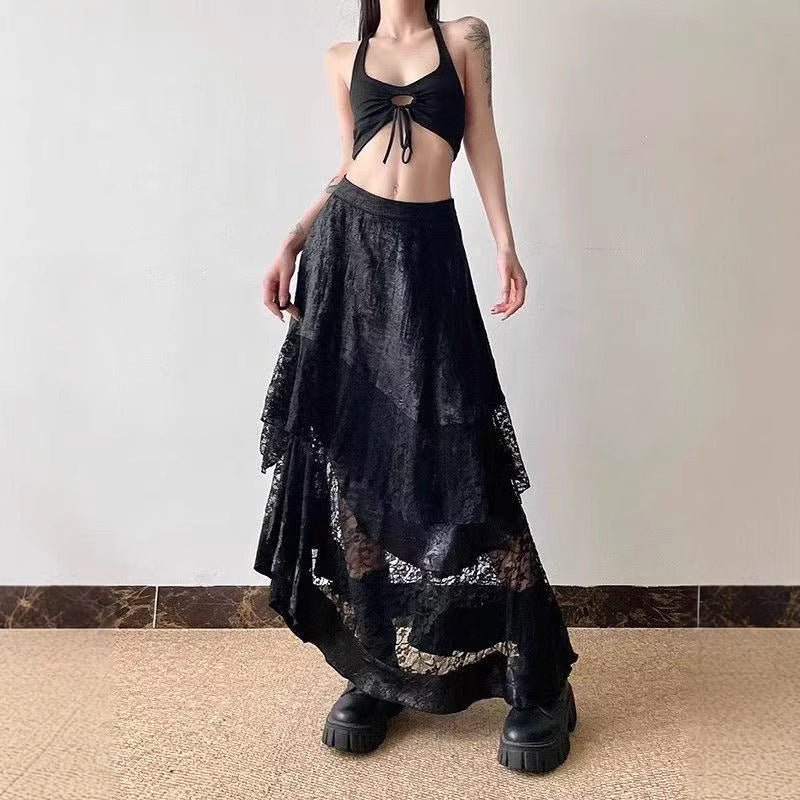 Dark Style Hot Girl Irregular Lace Stitching Skirt - Trendy Dark Lace Stitching Skirt - Florence Luxe