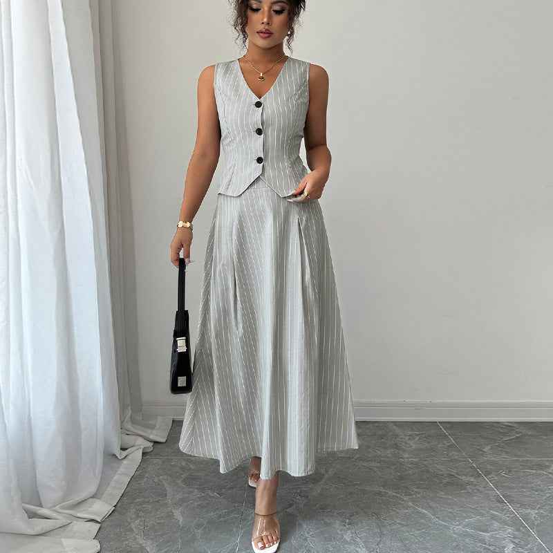 Vest Skirt Two-piece Set Striped Dress Suit For Women
