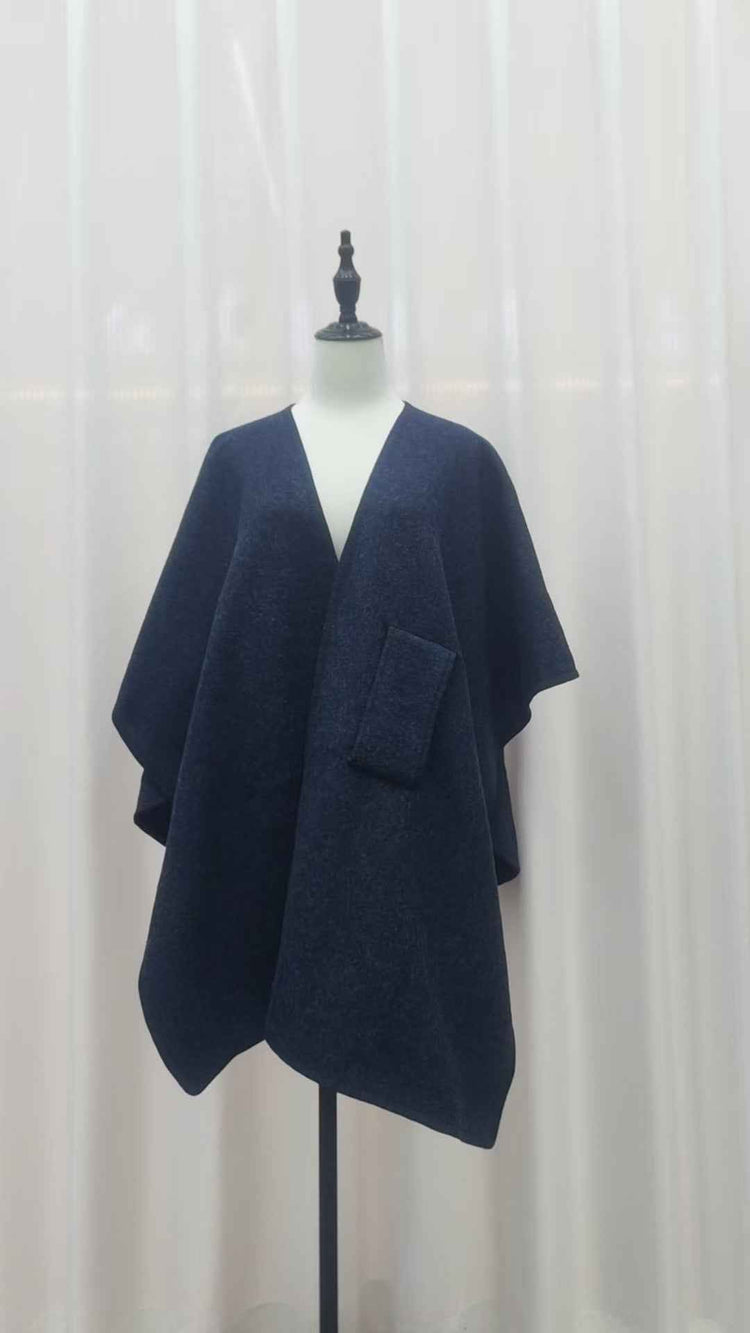 Fur Collar Knitted Cardigan Cape and Shawl with Fur Ball Detail
