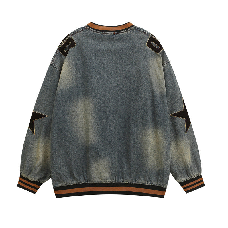 National Tide Five-pointed Star Letter Flocking Embroidered V-neck Denim Hoodie - Denim Hoodie with Star Embroidery - Florence Luxe