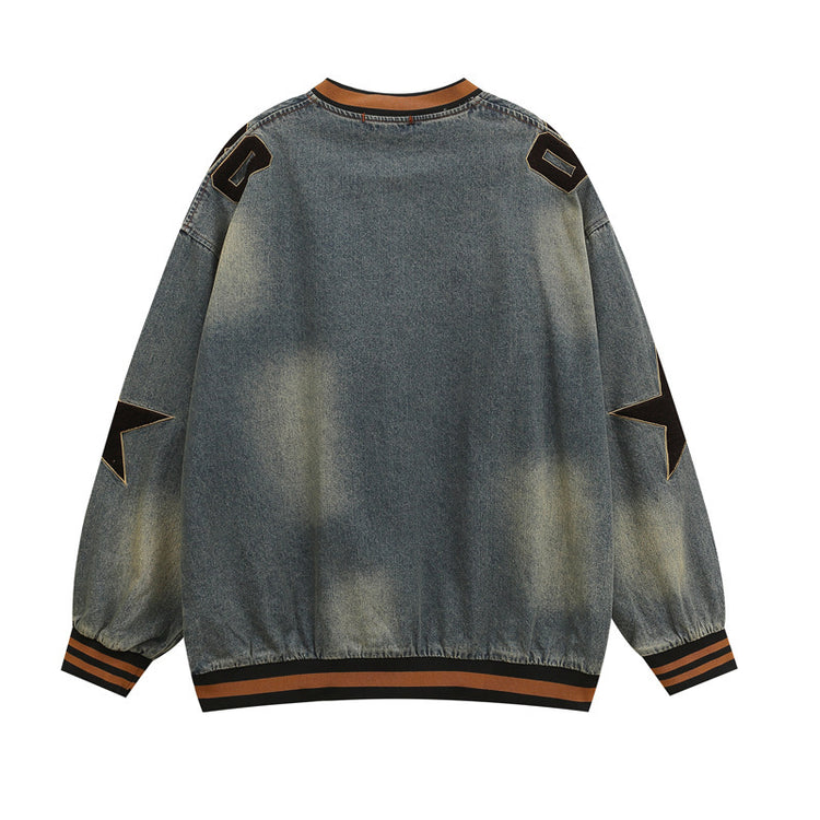 National Tide Five-pointed Star Letter Flocking Embroidered V-neck Denim Hoodie - Denim Hoodie with Star Embroidery - Florence Luxe