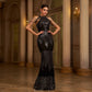 Halter Sequin Evening Dress with Beads - Slim-Fit Design