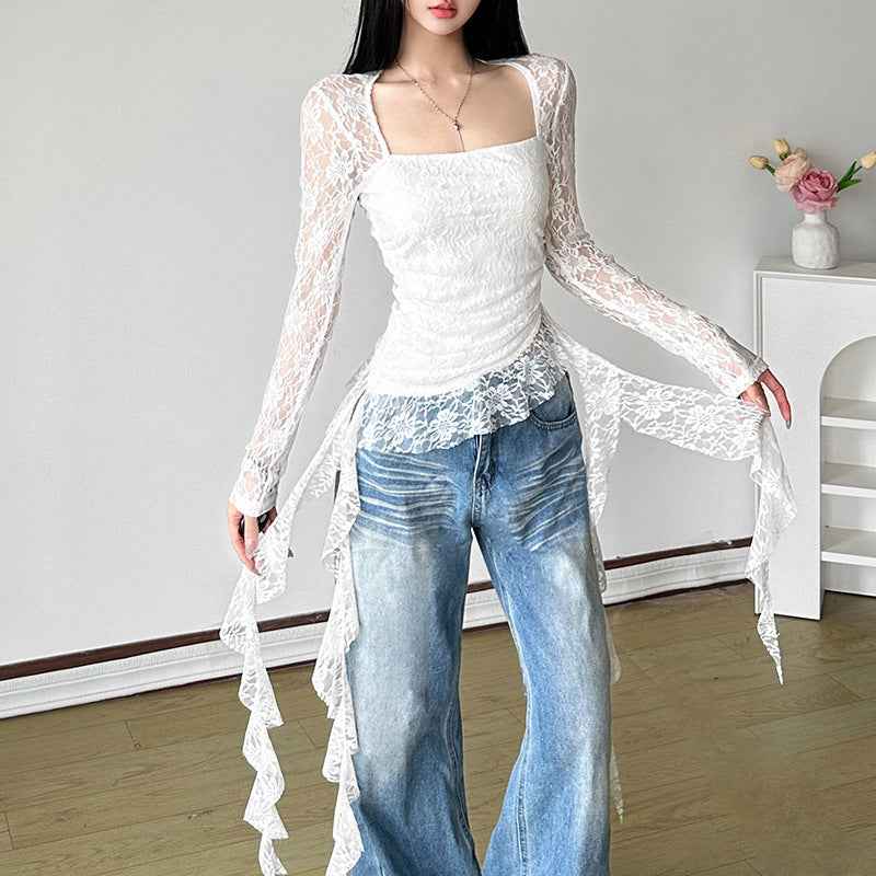 Square Collar Irregular Ribbon Slim Fit Peplum Top Women