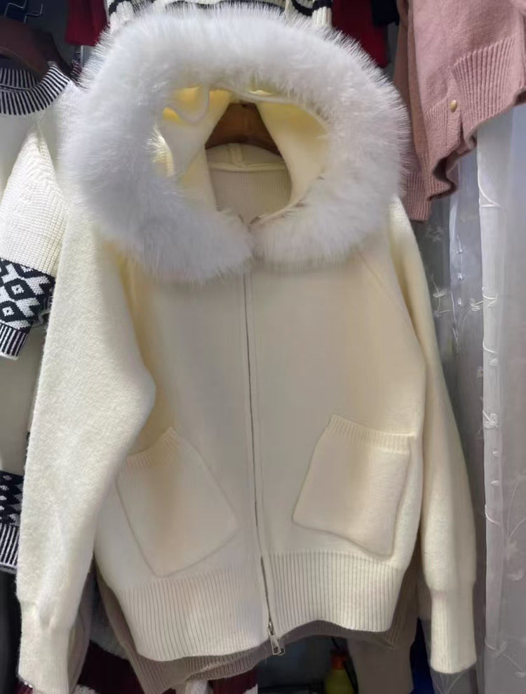 Thickened Hooded Large Fur Collar Knitted Women&