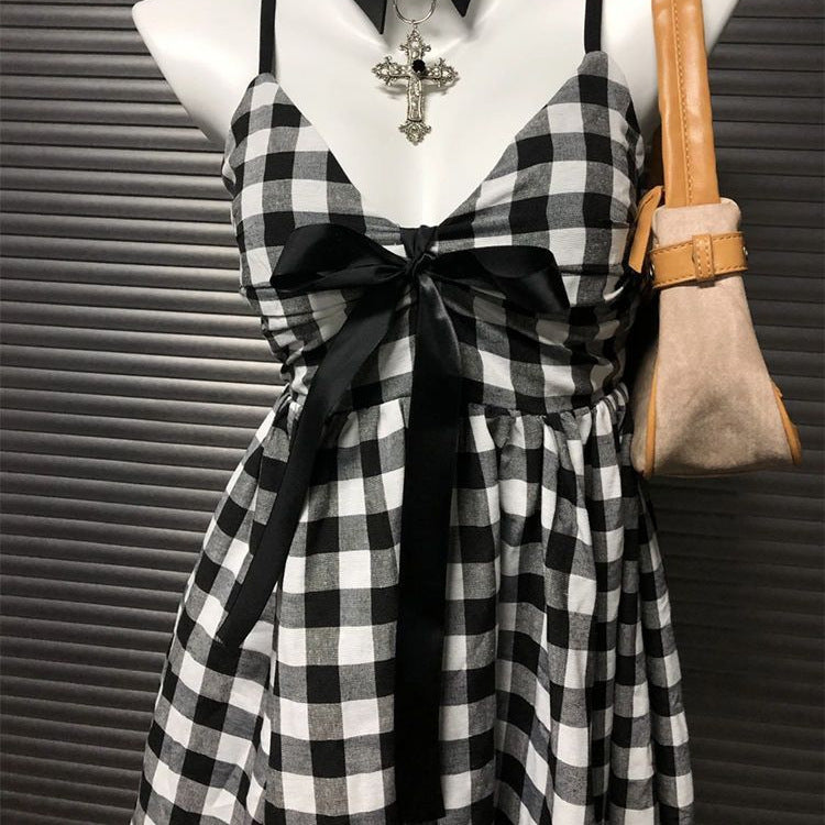 Retro Black and White Plaid Dress - Slim Fit Cinched Sling Bow Design - Florence Luxe