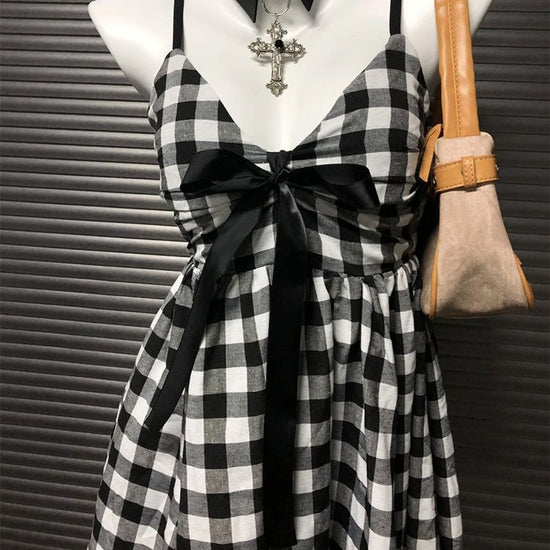 Retro Black and White Plaid Dress - Slim Fit Cinched Sling Bow Design - Florence Luxe